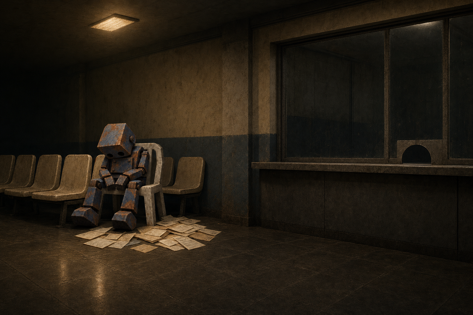 Agent AFK seated in a dim waiting room, paperwork piled at his feet