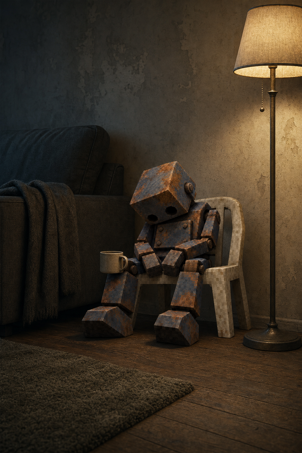 Agent AFK beside a lit floor lamp in a living room