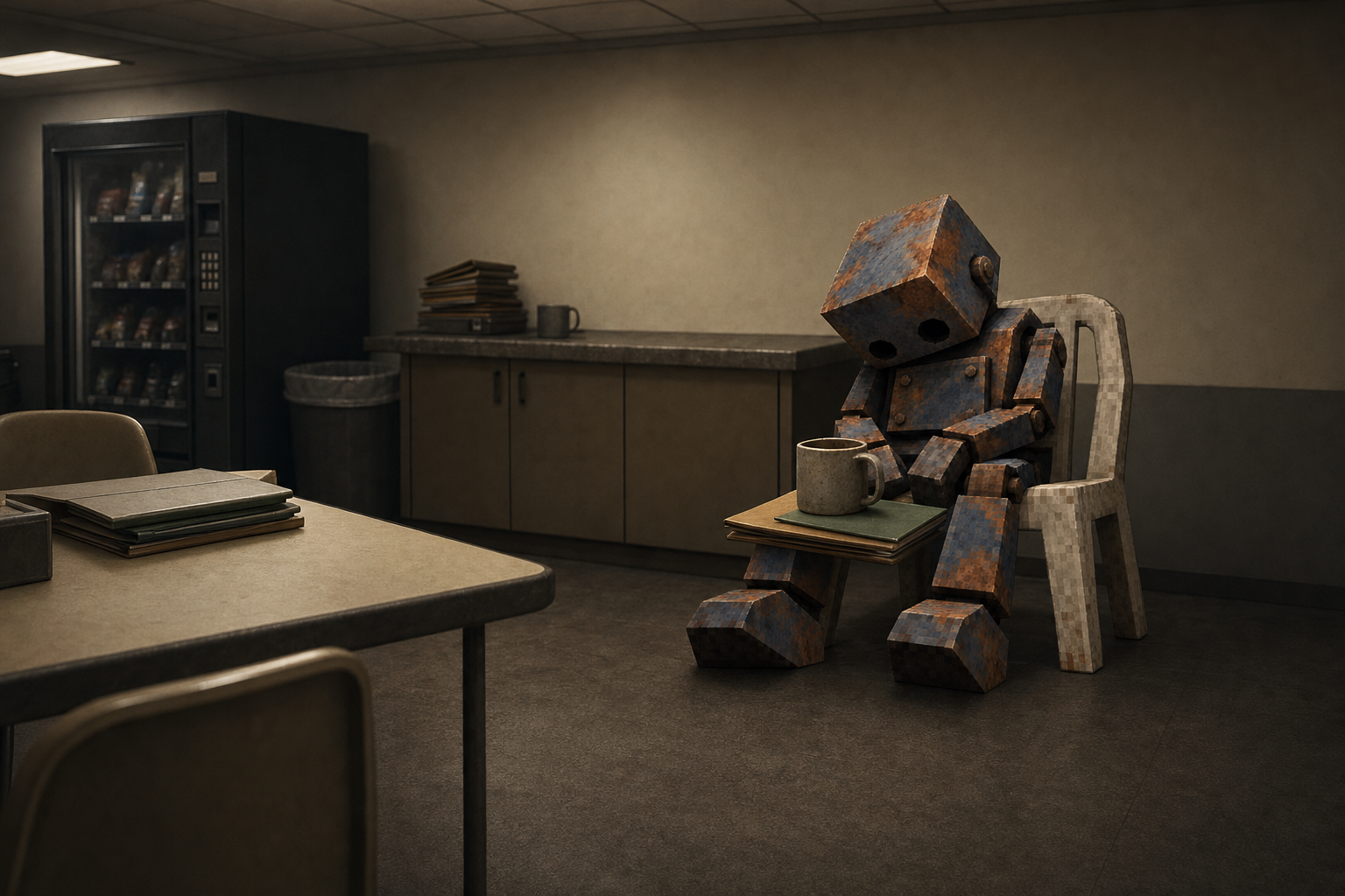 Agent AFK in a break room, balancing a mug on a stack of folders