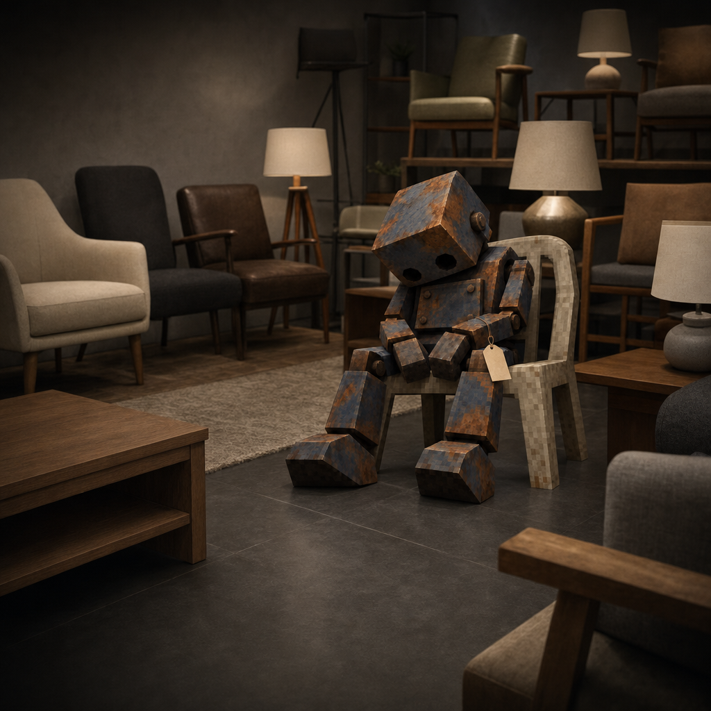 Agent AFK with a price tag among showroom furniture